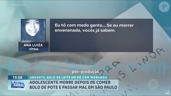Ana Luiza morreu um dia após comer bolo envenenado; jovem chegou a brincar em conversa com amigas