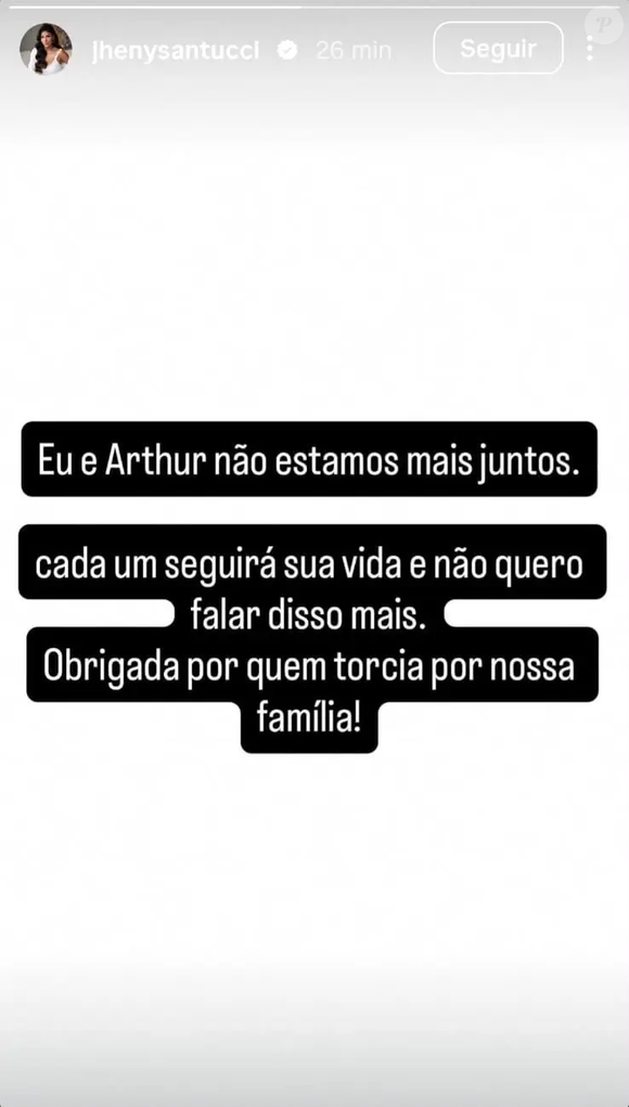 Na última semana, Jheny Santucci anunciou que estava separada de Arthur Aguiar