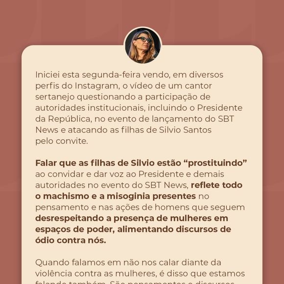 Em manifestação pública, Janja da Silva critica discurso considerado misógino e reforça a importância do respeito às mulheres que ocupam cargos de decisão na mídia