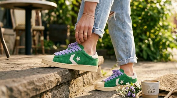 A assinatura de Tyler, The Creator aparece na língua e na lateral do tênis por meio da marca GOLF le FLEUR*, reforçando a identidade da colaboração