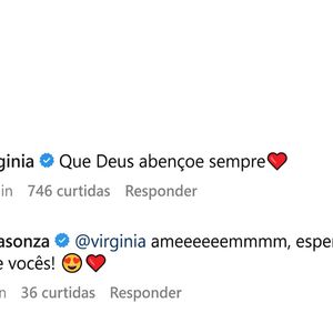 Virgínia Fonseca também parabenizou Luísa Sonza pelo noivado com Luís Ribeirinho e escreveu: 'Que Deus abençoe, sempre'. A cantora respondeu fazendo torcida pelo relacionamento da influenciadora com Vini Jr.: 'Ameeeeeemmmm, esperando o de vocês!'