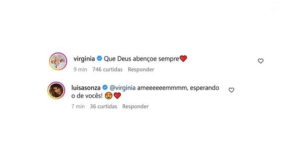 Virgínia Fonseca também parabenizou Luísa Sonza pelo noivado com Luís Ribeirinho e escreveu: 'Que Deus abençoe, sempre'. A cantora respondeu fazendo torcida pelo relacionamento da influenciadora com Vini Jr.: 'Ameeeeeemmmm, esperando o de vocês!'