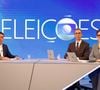Globo reuniu diretores e repórteres para formularem as perguntas feitas por Renata Vasconcellos e César Tralli aos candidatos à Presidência - ambos na foto com Flávio Bolsonaro