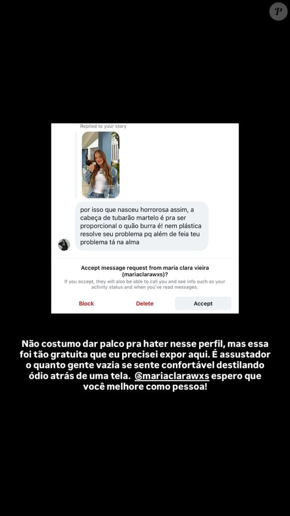 Após sua publicação, Rafaella Justus virou alvo de um ataque polêmico de uma seguidora que a chamou de 'cabeça de tubarão martelo'