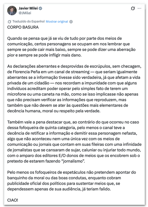 Pronunciamento de Javier Milei sobre o caso de Messi