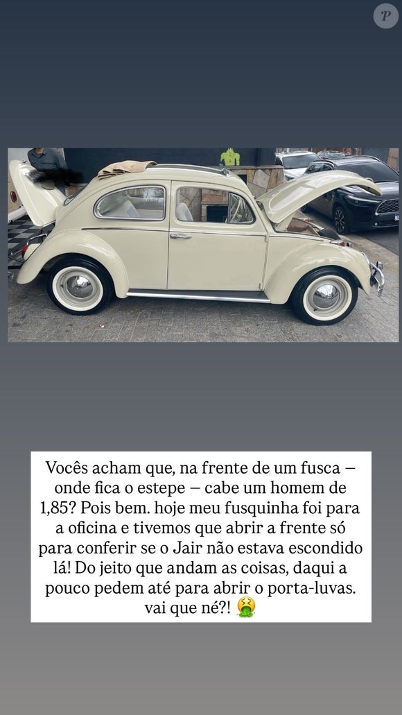 Michelle Bolsonaro mostrou a revista em seu Fusca e ironizou: ‘Do jeito que as coisas andam, daqui a pouco pedem até para abrir o porta-luvas’
