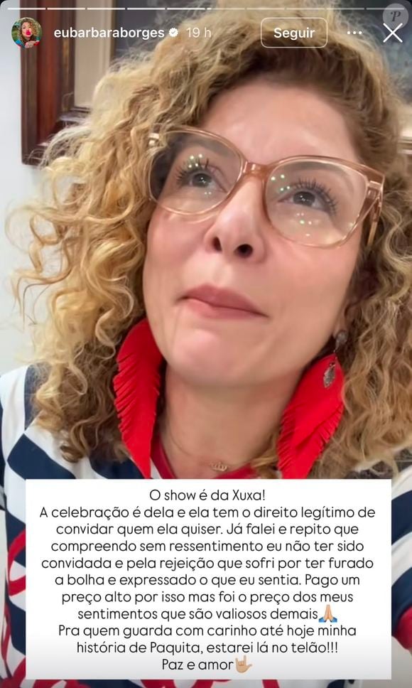 Fora do palco, mas no telão: Bárbara Borges confirma participação na despedida de Xuxa e explica motivo de não ter sido convidada para o elenco presencial. Segundo informações da Quem, a atriz autorizou o uso de sua imagem na homenagem