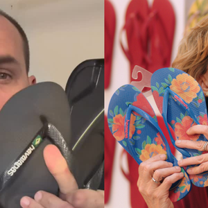 Desempregado, Eduardo Bolsonaro joga Havaianas no lixo e se revolta com comercial de Fernanda Torres: 'Eu me enganei…'
