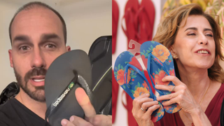 Desempregado, Eduardo Bolsonaro joga Havaianas no lixo e se revolta com comercial de Fernanda Torres: 'Eu me enganei…'