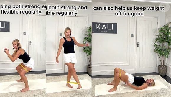 Exercícios como agachamento, deslocamento das pernas e ponte de glúteos, todos feitos com faixa elástica, ajudam a fortalecer a parte inferior do corpo