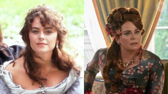Na esquerda, Polly Walker aparece no filme de TV 'Lorna Doone', lançado em 1990. Hoje em 'Bridgerton', atriz continua belíssima