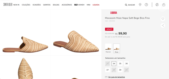 Até o fechamento desta matéria, o sapato “Mocassim Mule Napa Soft Bege Bico Fino” estava disponível por R$ 99,90 no site oficial da Santa Lolla