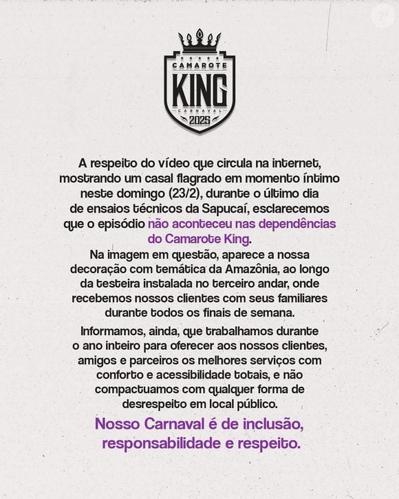 ‘O episódio não aconteceu nas dependências do Camarote King’, garante a organização do camarote