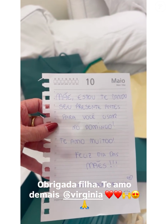 Além do presente, Virgínia deixou uma cartinha escrita à mão para a mãe, pedindo que Margareth Serrão usasse o relógio no domingo (10)
