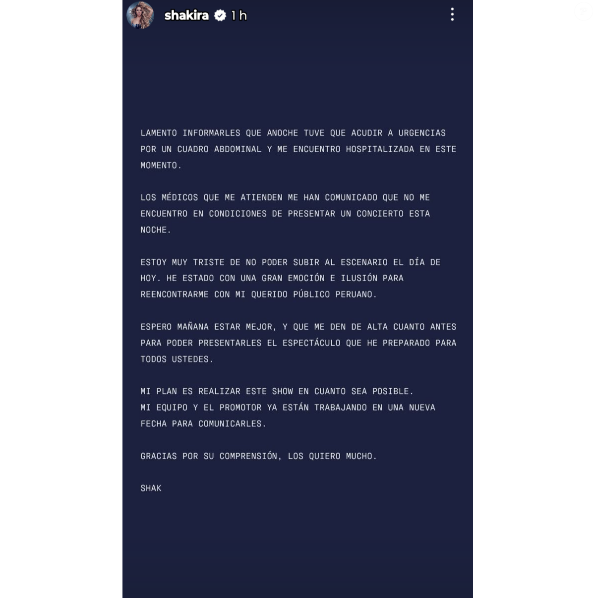 Foto: Shakira fez postagem nos stories do Instagram comunicando