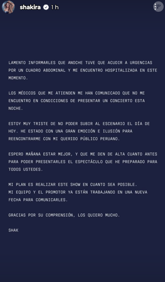 Shakira fez postagem nos stories do Instagram comunicando cancelamento do show no Peru neste domingo, 16.