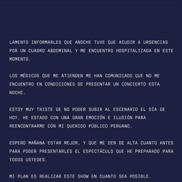Shakira fez postagem nos stories do Instagram comunicando cancelamento do show no Peru neste domingo, 16.