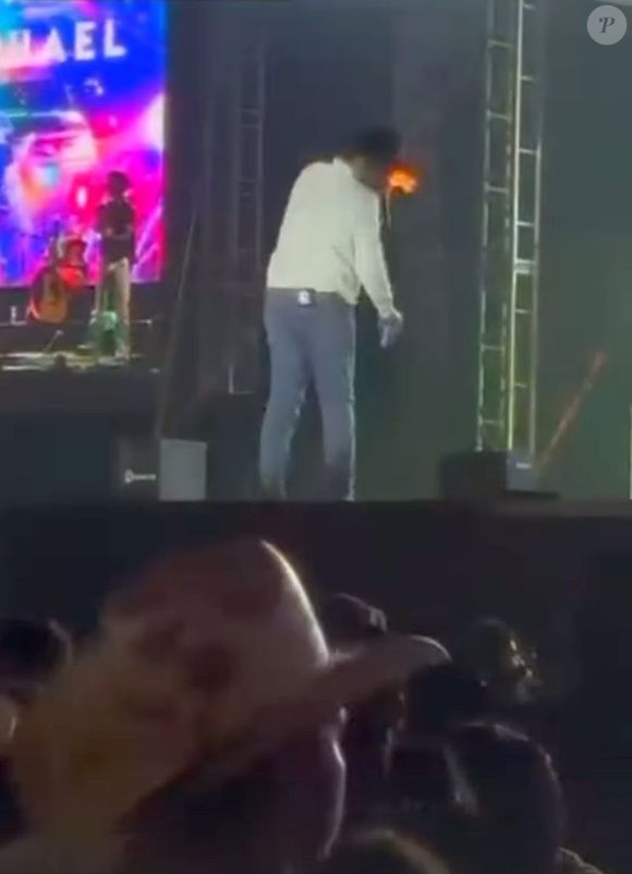 Ainda no palco e com o rosto queimando, Léo foi socorrido por sua equipe