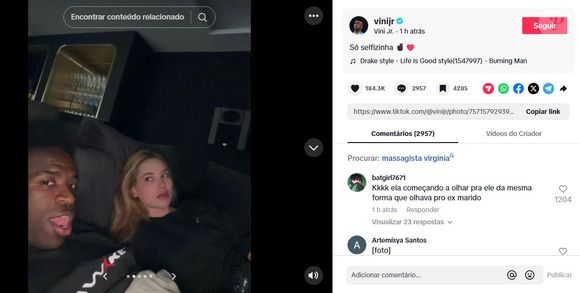 O casal do momento, Virgínia e Vini Jr., mostra sintonia em nova foto publicada nas redes