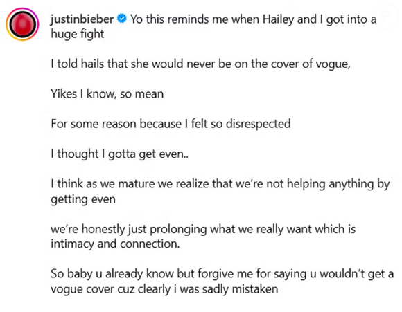 Postagem de Justin Bieber nesta terça-feira (20) pediu perdão à mulher, Hailey Bieber.