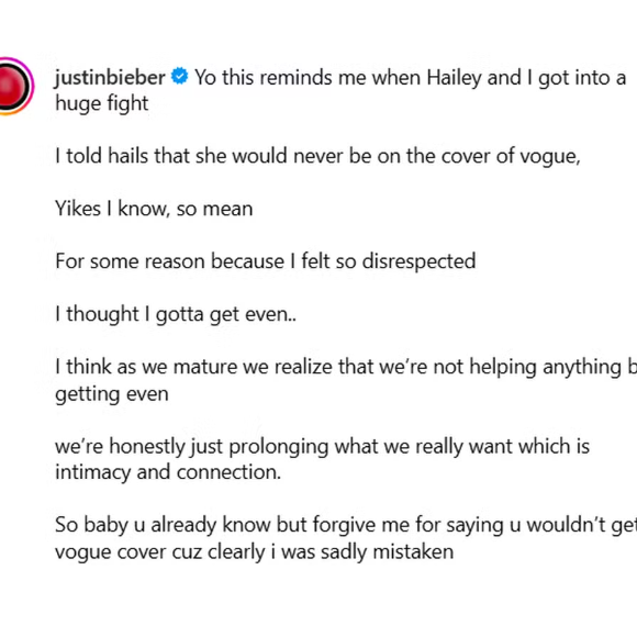 Postagem de Justin Bieber nesta terça-feira (20) pediu perdão à mulher, Hailey Bieber.