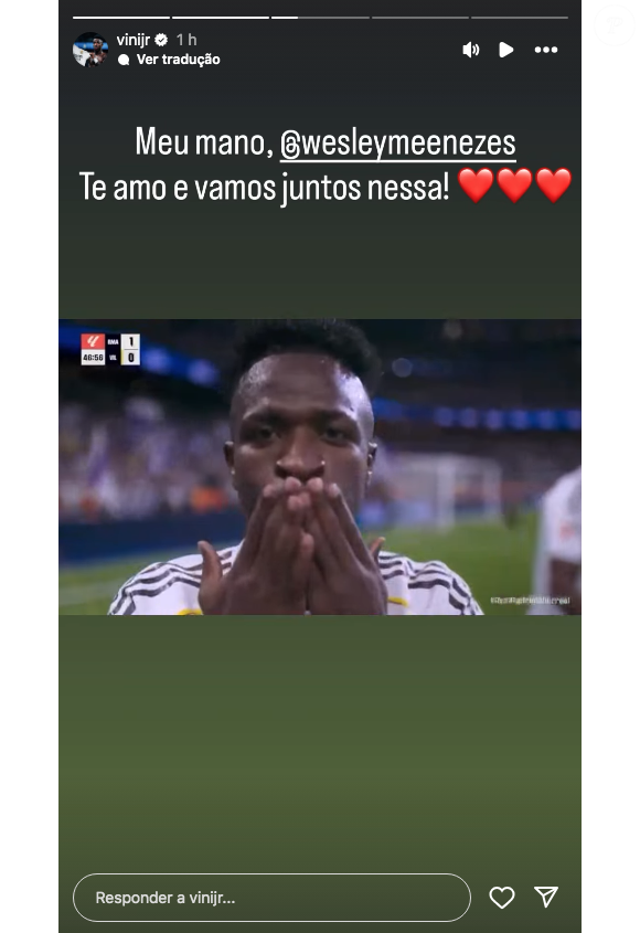 Depois da confusão, Vini Jr. revelou nas redes sociais que a mensagem foi enviada a um amigo com problemas de saúde. Na web, internautas alegaram que o craque disse "Wesley, essa é pra ti. Te amo"