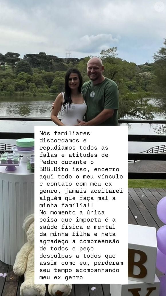 Ex-sogro de Pedro, do BBB 26, se pronunciou após início de investigação contra o vendedor em acusação de assédio: 'No momento, a única coisa que importa é saúde física e mental da minha filha e neta'
