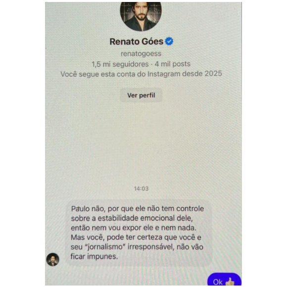 Ele também divulgou um print de uma mensagem atribuída a Renato Góes, em que o ator questionava sua condição emocional: “Ele não tem controle sobre a estabilidade emocional dele”, dizia o texto.
