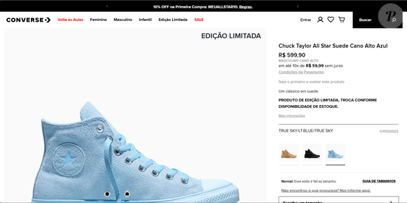 À venda no site oficial da marca, o Chuck Taylor All Star Suede Cano Alto Azul custa R$ 599,90 até o fechamento da matéria