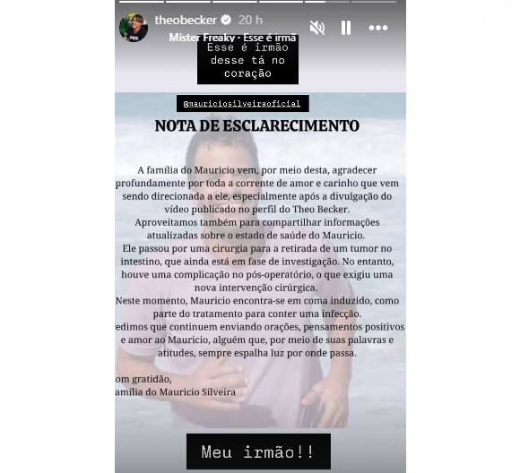 Theo Becker fez um story no Instagram reforçando o estado de saúde de Mauricio Silveira