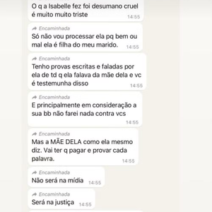'[Márcia Giselle] vai ter que provar e pagar cada palavra. Não será na mídia, será na Justiça. Porque o que ela quer é ser convidada para ‘A Fazenda’', diz mensagem atribuída a Gretchen