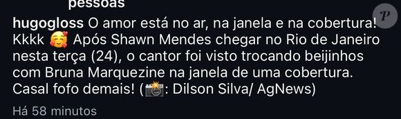 Perfil de Hugo Gloss no Instagram publicou imagens de Bruna Marquezine e Shawn Mendes trocando carícias na janela de um apartamento