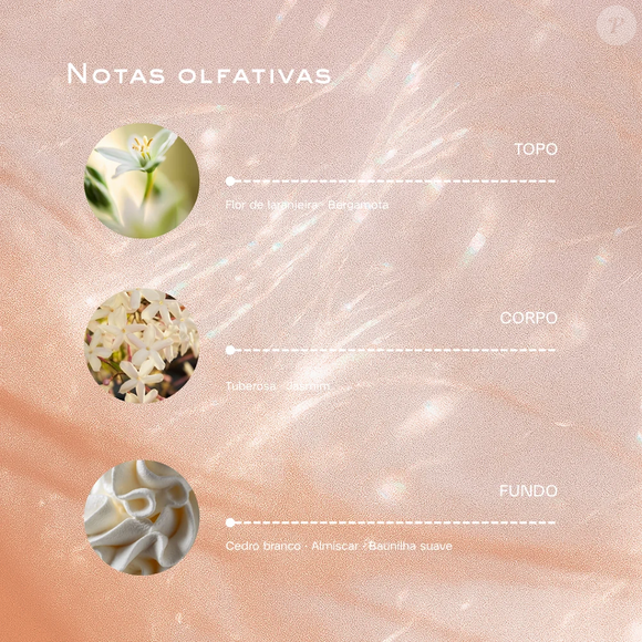 Classificado como Floral Branco Amadeirado e de intensidade intensa, o perfume indicado por Lívian Aragão reúne notas de flor de laranjeira, bergamota doce, tuberosa cremosa, jasmim solar, baunilha quente, almíscar branco e cedro luminoso