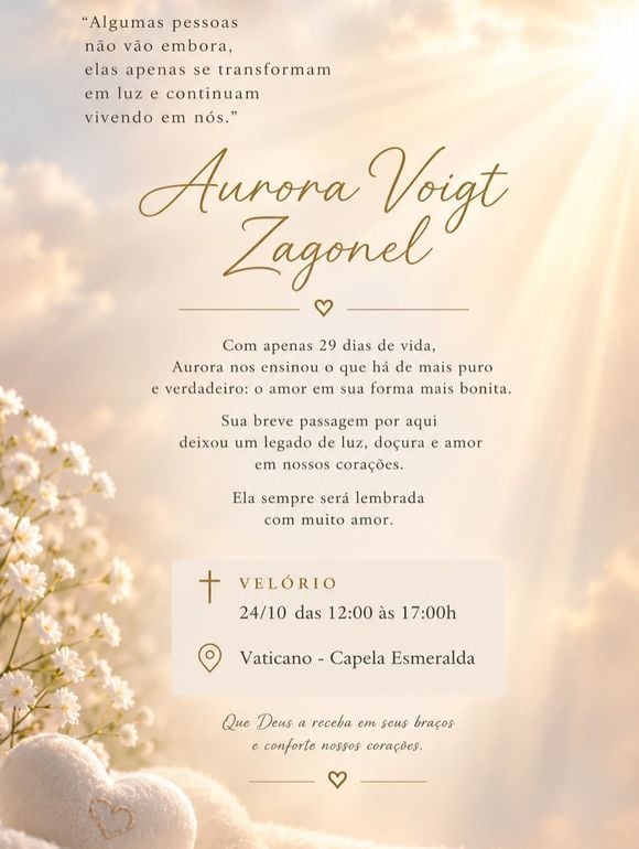 Velório e sepultamento de Aurora aconteceu neste sábado (24). Marcelo Zagonel não revelou a causa da morte da filha