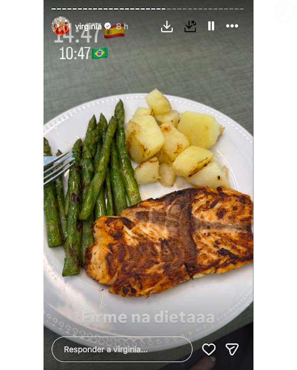 Após a entrada, almoço de Virgínia Fonseca conta com um filé de peixe grelhado e aspargos, pouco populares no Brasil