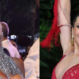 Viviane Araujo, com bumbum de fora, e Flávia Alessandra, com decote avantajado, se encontraram em ensaio de rua do Salgueiro para o carnaval 2025