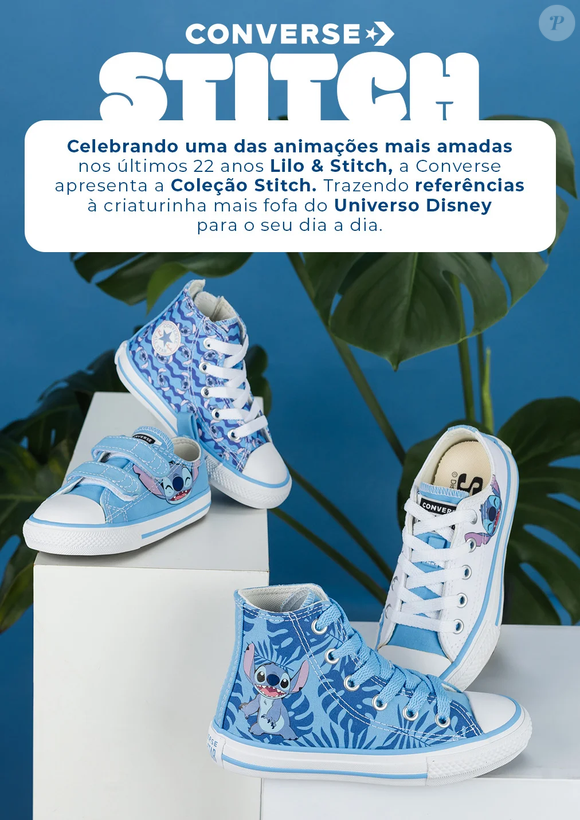 O modelo inspirado no Stitch aposta em lona, estampas exclusivas, atacador colorido e formato de cano alto para transformar um clássico da Converse em uma opção mais alegre para os pequenos
