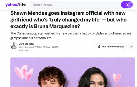 Outro veículo que entrou na onda foi o Yahoo!. Em sua reportagem, o portal destaca a declaração apaixonada feita por Shawn Mendes e pergunta aos leitores: "Mas afinal, quem é Bruna Marquezine?"