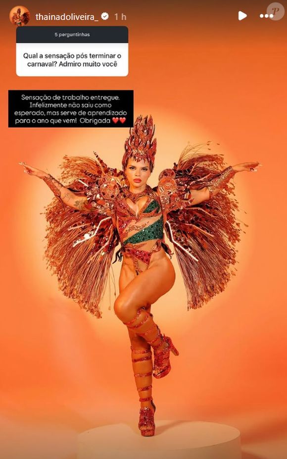 Musa da escola, Thainá lamentou o 8º lugar da Grande Rio no Carnaval 2026