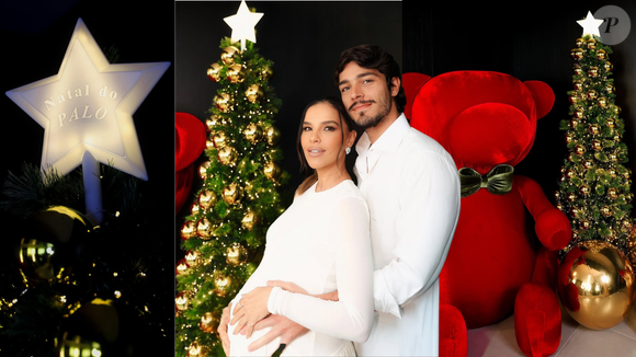 Grávida do Palo, Mariana Rios e o marido Juca Diniz optaram pelo minimalismo com pontos marcantes. A árvore slim repleta de bolas douradas ganhou uma estrela personalizada com o nome do bebê e um urso gigante vermelho de veludo ao lado