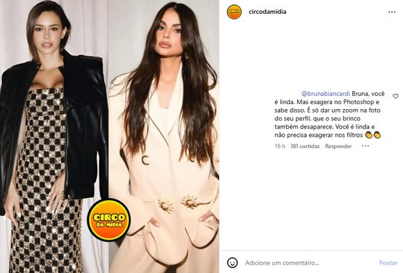 Bruna Biancardi foi provocada por internauta, que disse que ela também mexe em suas fotos por programa de edição. 'É linda. Mas exagera no Photoshop e sabe disso'