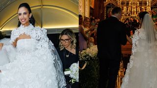 Vestido de noiva sem alças, capa gigantesca presa no pescoço e aplicação de flores: esposa de Thiago, dupla de Thaeme, Geórgia Fröhlich aposta no romantismo em casamento luxuoso. Fotos!