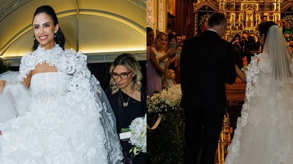 Vestido de noiva sem alças, capa gigantesca presa no pescoço e aplicação de flores: esposa de Thiago, dupla de Thaeme, Geórgia Fröhlich aposta no romantismo em casamento luxuoso. Fotos!
