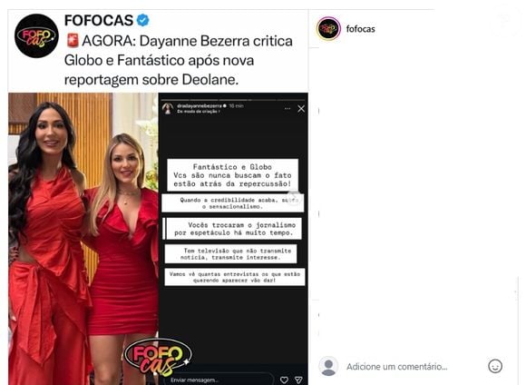 Irmã de Deolane Bezerra fez ataque à Globo e depois apagou o post