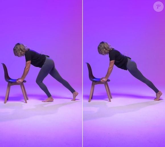 O segundo exercício é uma versão adaptada e acessível da prancha com a ajuda de uma cadeira