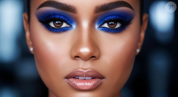 6. Impacto Azul Royal Sofisticado

Prompt: "Crie imagem vibrante destacando sombra azul royal em degradê do azul marinho ao azul elétrico, delineado preto preciso, cílios longos, pele com acabamento luminoso e hidratado, lábios nude com brilho suave. Fundo azul escuro desfocado e iluminação moderna."