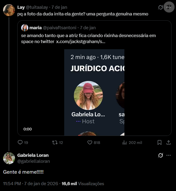 Após polêmica nas redes, Gabriela Loran se pronuncia e minimiza boatos: “Gente é meme!!!!!”