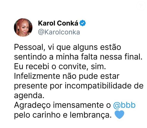 Karol Conká explica motivo de ter recusado convite para a final do 'BBB 25': 'Agradeço pelo carinho'