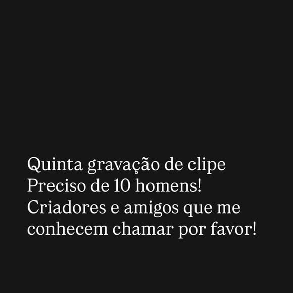 Andressa Urach postou: ‘Quinta (15), gravação de clipe. Preciso de 10 homens! Criadores e amigos que me conhecem, chamar, por favor!’