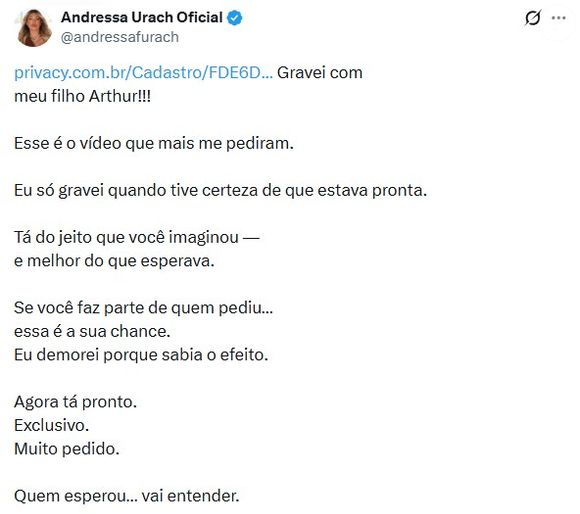 Andressa Urach fez o anúncio através do perfil no X, antigo Twitter
